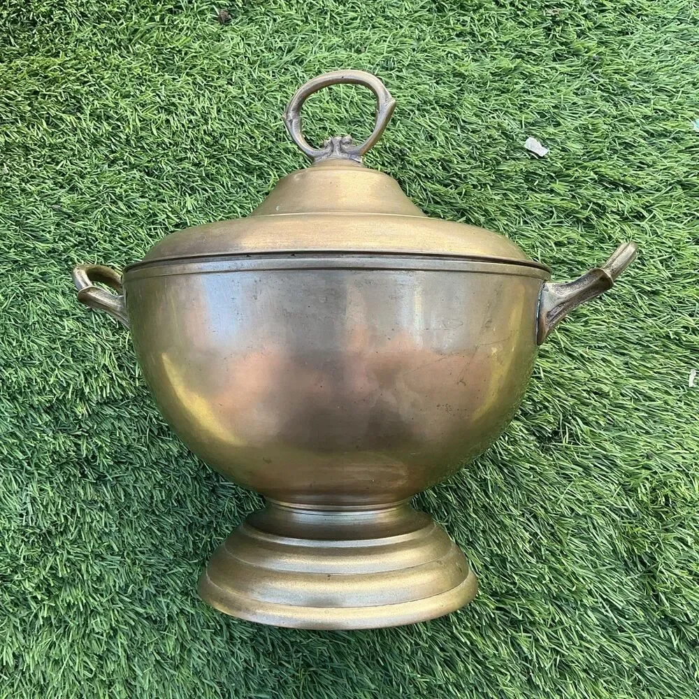 Vintage India Brass Lidded Urn Covered Bowl 11” Heavy Pedestal Handles